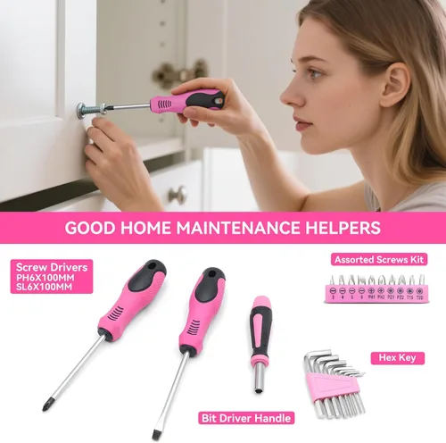 Vista 7 de Kit de herramientas rosa de 69 piezas para mujeres, pequeño kit de herramientas manuales básicas para el hogar, kit de herramientas perfectas