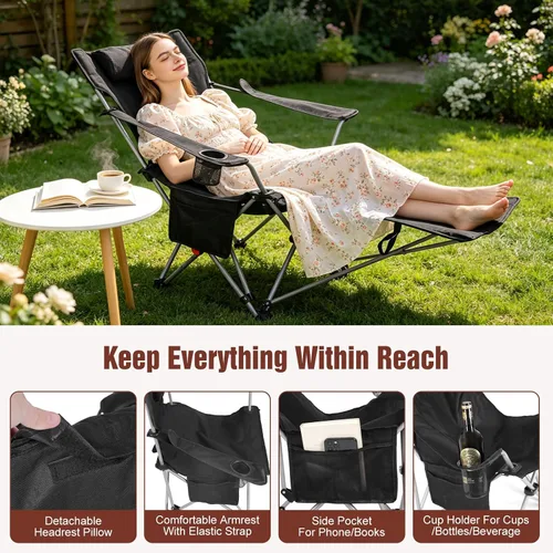 Vista 5 de Reclining Camping Chair with Footrest, 4-Position Adjustable Zero Gravity Chair, Portable Folding Camping Lounge Chair with Headrest Cup Holder &