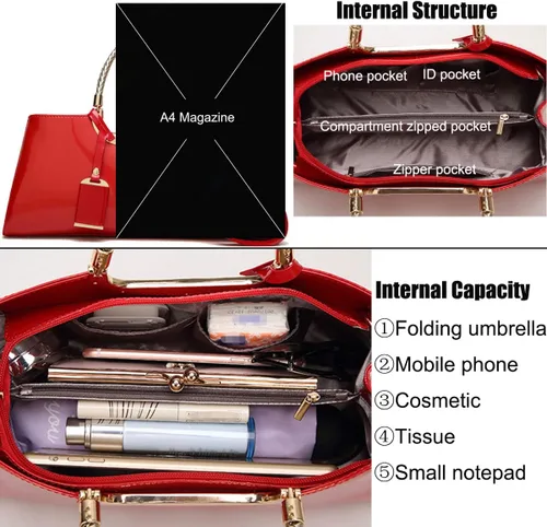 Vista 5 de XingChen Bolso brillante de las mujeres del bolso del bolso de la manija superior del cuero de la patente del bolso estructurado del bolso del bolso
