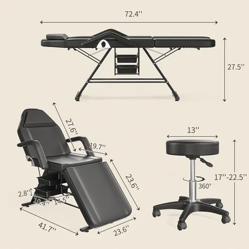 Vista 3 de Silla de tatuaje para clientes, cama de masaje ajustable de 72.4 pulgadas, cama facial para esteticista, multiusos, cómoda, profesional, cama
