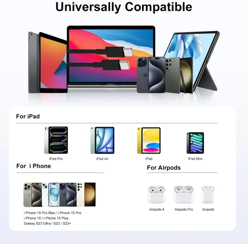 Vista 7 de Hzevn Cable de carga USB C de 60 W para MacBook Pro/Air y iPhone 16/15 Pro Max, certificado MFi 20V/3A, cable de carga súper rápido de 6 pies + 10