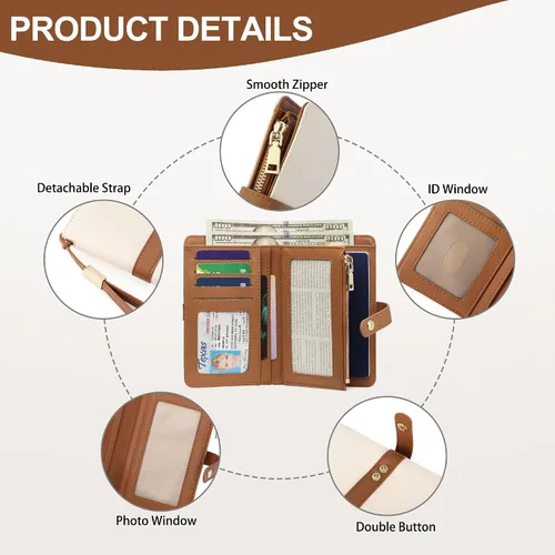 Vista 3 de Cartera pequeña para mujer, con bloqueo RFID, de piel vegana, delgada, plegable, para tarjetas de crédito, portapasaporte, cartera de viaje