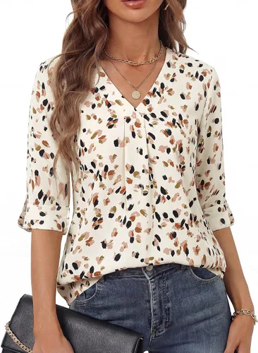 Vista 14 de Youtalia Blusas para mujer, elegantes, informales, de negocios, manga 3/4, de gasa, cuello en V, camisas de trabajo y oficina
