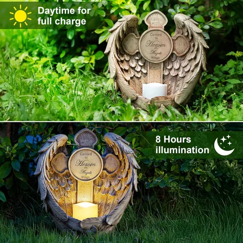 Vista 2 de Estatua conmemorativa de alas de ángel de 12 pulgadas con cruz y vela LED, regalo de condolencia por duelo, decoración de figura de jardín