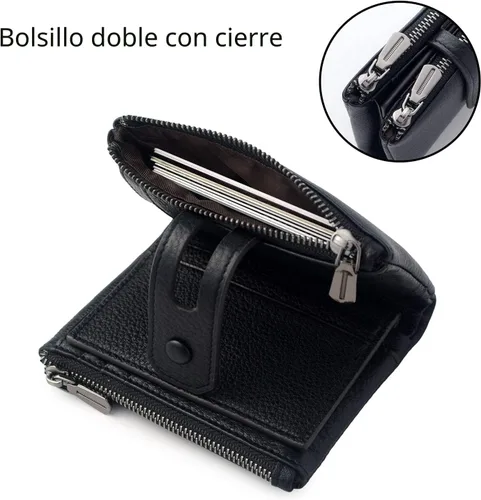 Vista 4 de Bveyzi - Billetera pequeña de cuero suave para mujer con bloqueo RFID, tarjetero para damas con doble bolsillo con cremallera