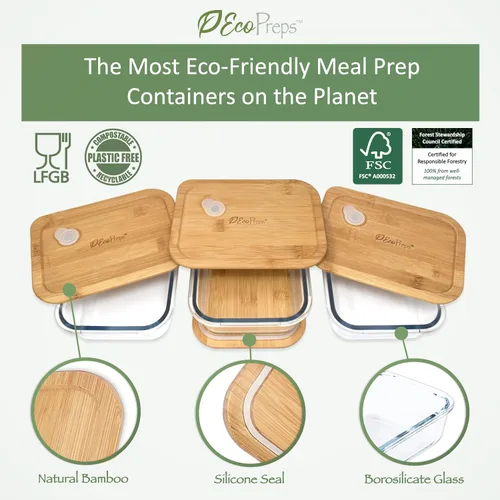 Vista 2 de EcoPreps Recipientes de vidrio para preparar comida con tapas de bambú (paquete de 3) - 100% libres de plástico, contenedores de almuerzo