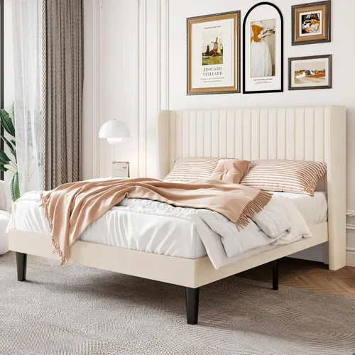 Vista 16 de SHA CERLIN - Marco de cama de terciopelo tamaño matrimonial, cabecera con alas copetudas, color negro 47'' Modern Vertical Channel Headboard