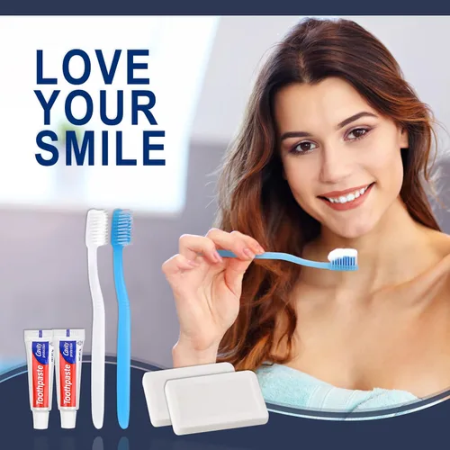 Vista 3 de 50 cepillos de dientes desechables con pasta de dientes y 50 barras de jabón Individually Wrapped, 2 Colors, Travel Size, Bulk Amenities and