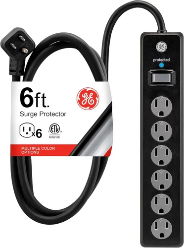 Vista 12 de GE - Protector de sobretensión de 6 tomas, extensión de 6 pies, multicontactos, 800 julios, enchufe plano, tapas de seguridad de cierre por torsión