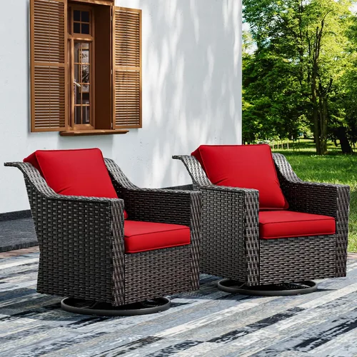 Vista 30 de Joyside Juego de 2 sillas de mimbre para patio, muebles de ratán para exteriores con reposabrazos anchos y cojines gruesos, tamaño grande mejorado