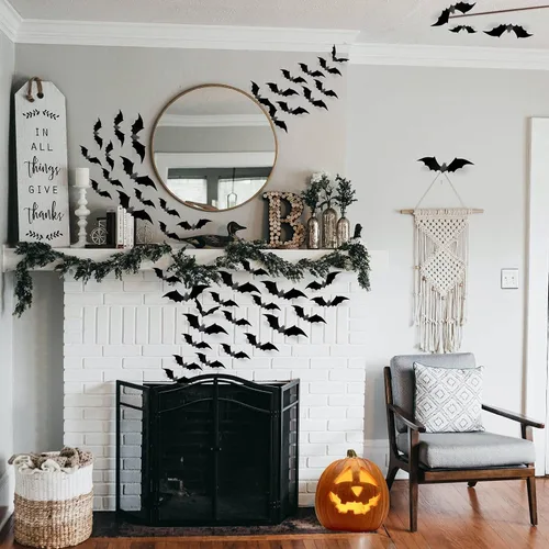 Vista 6 de Decoración de pared de murciélagos 3D de Halloween, 70 unidades, 5 tamaños diferentes, color negro mate, reutilizables, de PVC, calcomanías