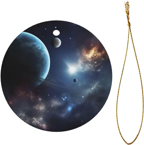 Vista 2 de Adorno de Navidad redondo colgante de Navidad, luna, estrellas y planetas, árbol de Navidad, cerámica, adorno colgante de cerámica personalizado