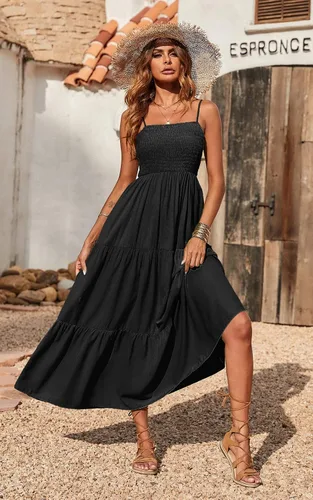Vista 3 de PRETTYGARDEN - Vestido largo de verano para mujer casual bohemio sin mangas con tirantes delgados fruncido para playa para el sol