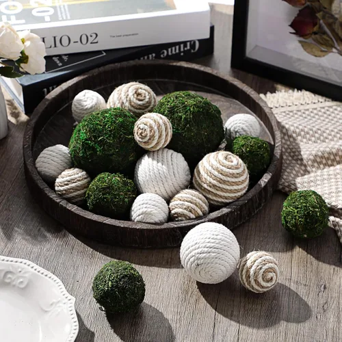 Vista 4 de Jetec 18 bolas decorativas para cuencos de centro de mesa, bolas de musgo verde y relleno de cuerda para el hogar, jarrón, jardín, boda, granja