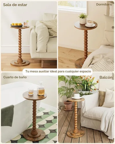 Vista 9 de Masupu Mesa auxiliar redonda, mesa auxiliar pequeña para espacios pequeños, mesa de bebidas con pedestal con pata de madera maciza para sala
