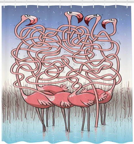 Vista 2 de Ambesonne Divertida cortina de regadera, 5 flamencos laberinto juego alegre animal de dibujos animados, agua de cama, tela de tela de tela para baño