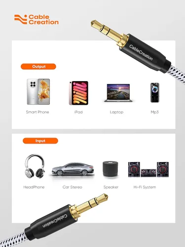 Vista 6 de Cable estéreo de audio CableCreation, chapado en oro, de 9⁄64 pulgadas. Cable de audio Aux 3.5 para iPhone, iPad, Samsung y otro dispositivo de Negro