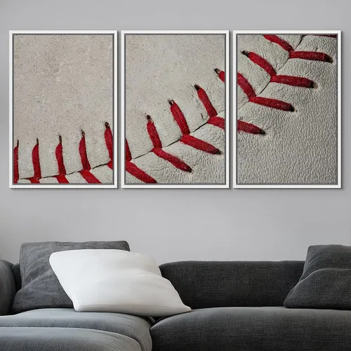 Vista 111 de wall26 Lienzo enmarcado para pared, juego de arte de primer plano, detalles de costuras de béisbol, atletas deportivos, fotografía, moderno