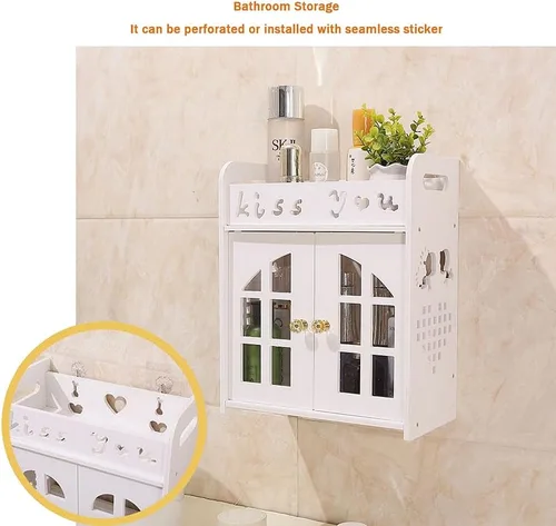 Vista 6 de Estante de almacenamiento de artículos de tocador para colgar en la pared del baño, estante organizador de armario blanco sin rastro con puerta