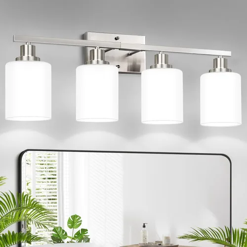 Vista 30 de MOKATNG Juego de 2 apliques de pared para baño, luces de tocador modernas negras con pantalla de vidrio blanco, lámpara de pared de baño