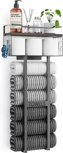 Vista 12 de Aetyord Toallero para Baño de 31 Pulgadas Montado en Pared, Estante Flotante con Tablero de Madera, Almacenamiento de Toallas para Baño que Puede