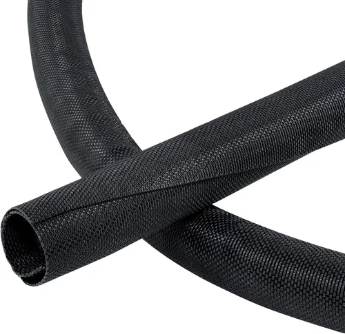 Vista 12 de Cable trenzado dividido negro de 1/2 pulgadas -12 pies de mangas de gestión Flexible Woven Braided Cover Self-Wrapping Wire Loom Cord Protector