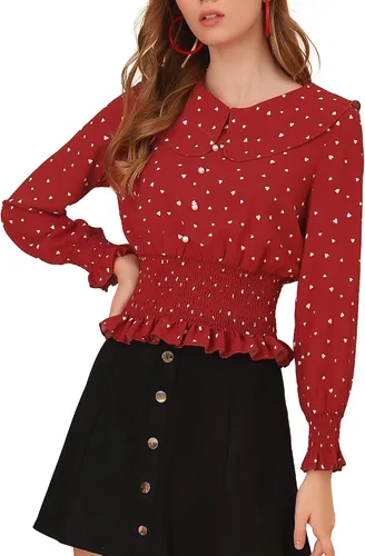 Vista 3 de Allegra K Blusa para mujer con cuello de Peter Pan con estampado de corazón y perlas