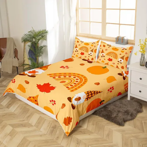 Vista 3 de Funda de edredón de calabaza de otoño, tamaño matrimonial, funda de edredón de arco iris de dibujos animados, hojas de arce arcoíris, juego de ropa