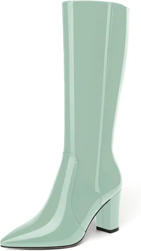 Vista 155 de AMBELIGHT Botas altas hasta la rodilla con cremallera y puntera puntiaguda para mujer, de patente sólida, tacón alto, 3.3 pulgadas