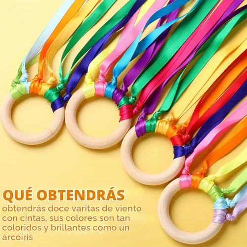 Vista 4 de Deekin 12 piezas de cinta de arco iris de madera Waldorf juguetes creativos Waldorf juego de cometas de mano serpentinas con anillo de madera