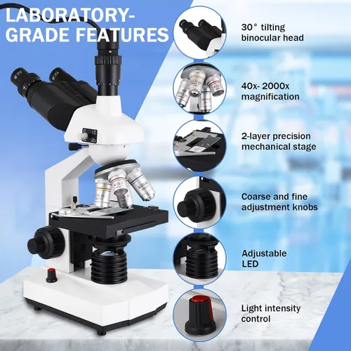 Vista 5 de Microscopio trinocular, aumento 40X-5000X, microscopio profesional de grado de investigación con cámara USB y escenario mecánico, microscopio