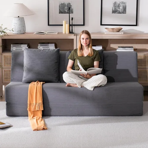 Vista 3 de Sofá cama plegable, silla convertible con almohadas, espuma viscoelástica de alto soporte y tela de pana suave, cómodo sofá cama de dos plazas