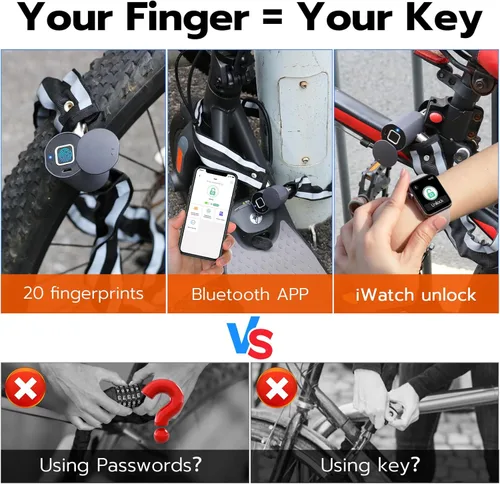 Vista 2 de Cerradura de cadena para bicicleta de huellas dactilares, bloqueo de bicicleta Bluetooth impermeable, biométrico sin llave, resistente, antirrobo