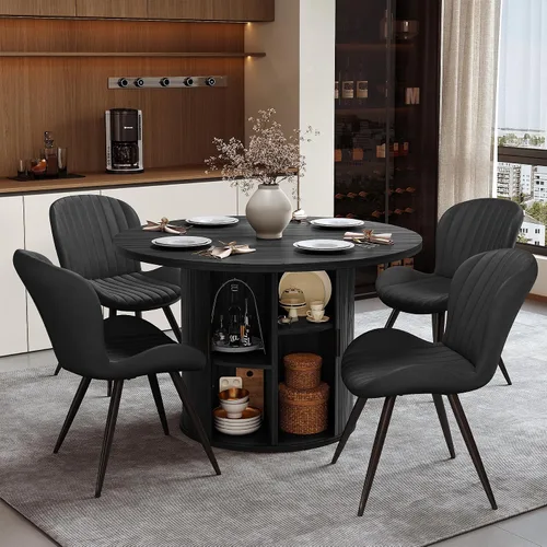 Vista 37 de Miereirl Juego de mesa y sillas de comedor moderno redondo, con una mesa de comedor de madera equipada con compartimentos de almacenamiento