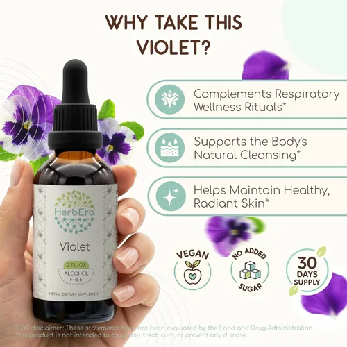 Vista 2 de Tintura de extracto líquido sin alcohol violeta - Soporte linfático, hoja seca tricolor de viola, gotas respiratorias, vegano, suplemento de hierbas