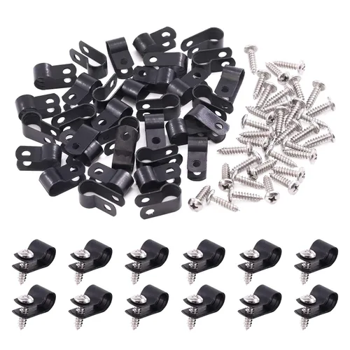 Vista 15 de Swpeet Paquete de 120 clips de cable tipo R de nailon negro de 1/2 pulgada, clips de sujeción de cable de montaje de tornillo de nailon con 120