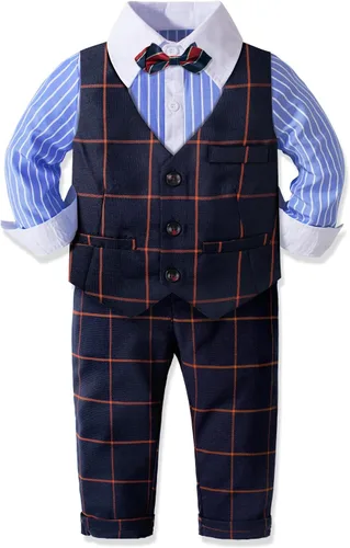 Vista 6 de Trajes formales para niños, conjuntos de ropa para niños, 4 piezas, camisas + chaleco + pantalones + pajarita, trajes de esmoquin para niños de 2 a