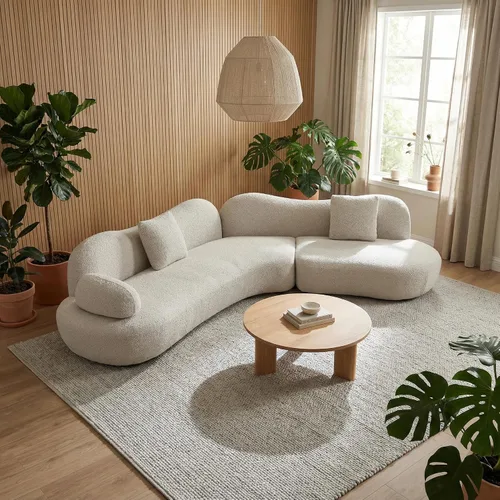 Vista 3 de Moderno sofá modular nórdico curvado para sala de estar, sofá modular beige Boucle de 5 plazas, sofá tapizado de estilo escandinavo sin compresión