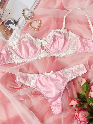 Vista 6 de MakeMeChic - Conjunto de lencería de satén con aros y encaje floral para mujer