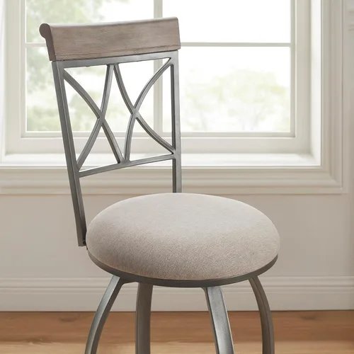 Vista 5 de Powell Hamilton Taburete giratorio de 30 pulgadas de altura de asiento con asiento tapizado gris claro y respaldo de madera Greywash
