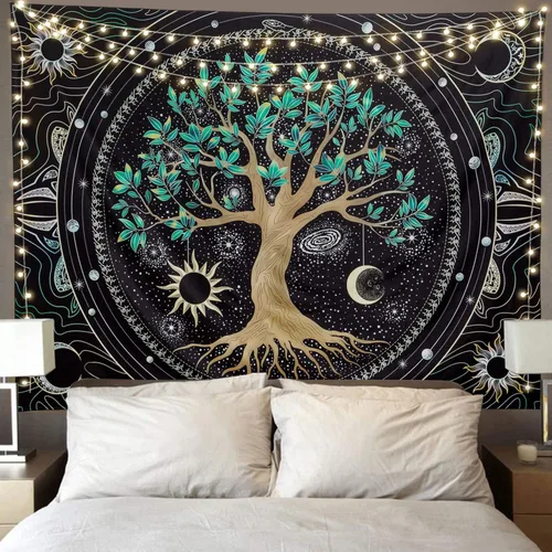 Vista 8 de Tapiz para dormitorio, estético, árbol de la vida, con luz negra, reactivo a los rayos UV, tapiz psicodélico, colorido tapiz de pared, sol, luna