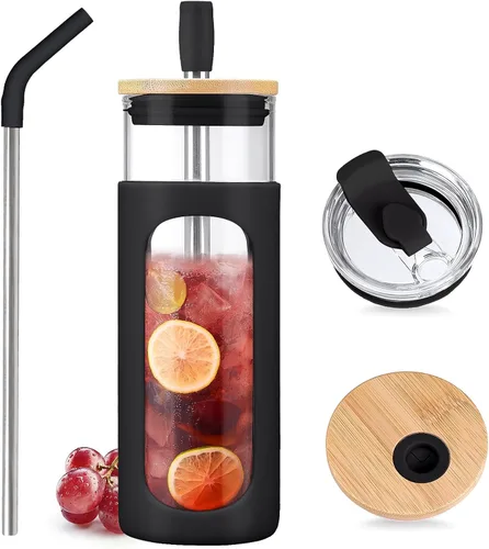 Vista 31 de Kodrine Vaso para agua de vidrio de 20 onzas con popote y tapa, botella de agua con tapas de bambú, taza para café helado, reutilizable, boca ancha