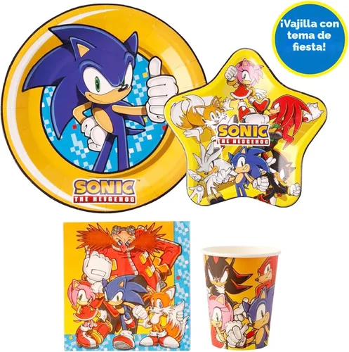 Vista 3 de Kit de Fiesta de Cumpleaños de Sonic The Hedgehog - Suministros Completos para 10, Decoraciones Temáticas de Videojuegos, Pancarta con Licencia
