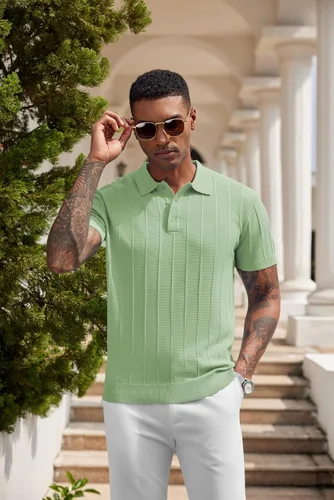 Vista 21 de COOFANDY Camisas polo de punto para hombre de manga corta con textura acanalada Camisas de golf casuales y ligeras con cuello Camiseta de polo