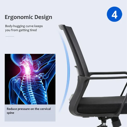 Vista 6 de FDW Silla de escritorio ergonómica de malla para computadora, de media espalda, con descansabrazos, giratoria, ajustable, soporte lumbar, Negro