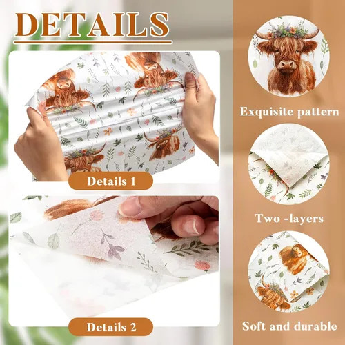 Vista 3 de Cholemy 100 servilletas de papel de vaca de las tierras altas de 2 capas de acuarela desechables de acuarela rústica occidental con estampado