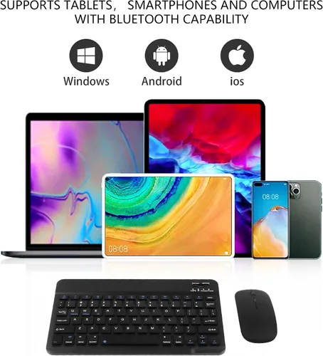 Vista 2 de Combo de teclado y mouse Bluetooth ultra delgado, recargable, portátil, compacto, inalámbrico, juego de teclado para PC, computadora, tableta Negro