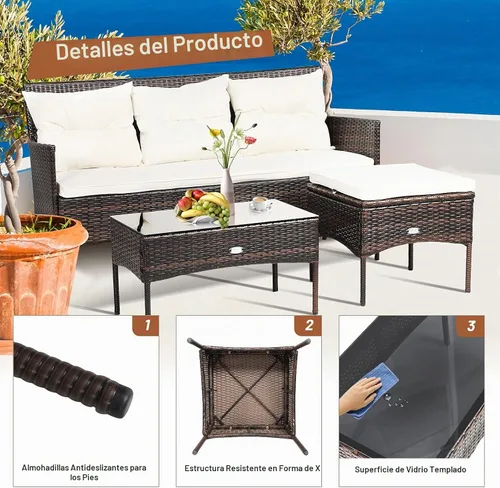 Vista 7 de RELAX4LIFE Juego seccional de muebles de patio de 3 piezas, conversación de mimbre de ratán con 5 cómodos cojines de asiento y respaldo, mesa