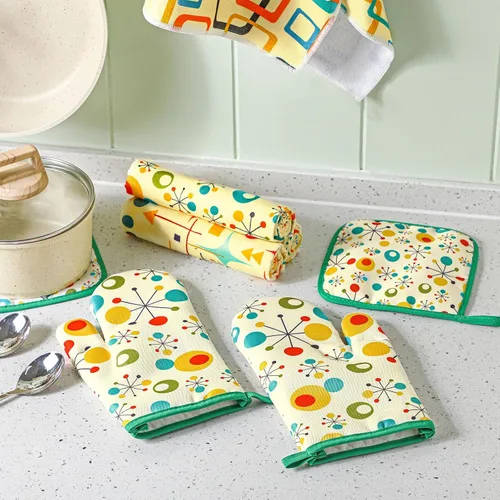Vista 7 de Fanfanwin Juego de 10 manoplas de horno coralinas para ollas, juego de alfombras y toallas de cocina de mediados de siglo de los años cincuenta
