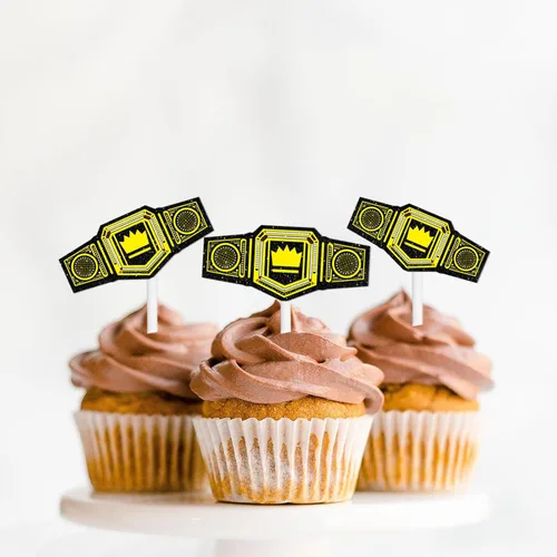 Vista 6 de 18 piezas de cinturón pesado con purpurina dorada para postre para cupcakes, decoración temática de campeón de lucha libre, suministros